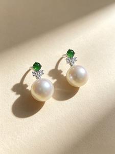 18k Solid Gold Akoya Pearl <b>Earrings</b> with Emerald and Crystal 7-7.5/7.5-8mm Round Pearl Jewelry <b>Fine</b> <b>Earrings</b> for Women - Product Image 1