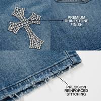 Shorts en jean streetwear gothique personnalisés, premium, épais, délavés à l'acide, avec strass thermocollés, bords bruts, 100% coton, mi-longs, respirants
