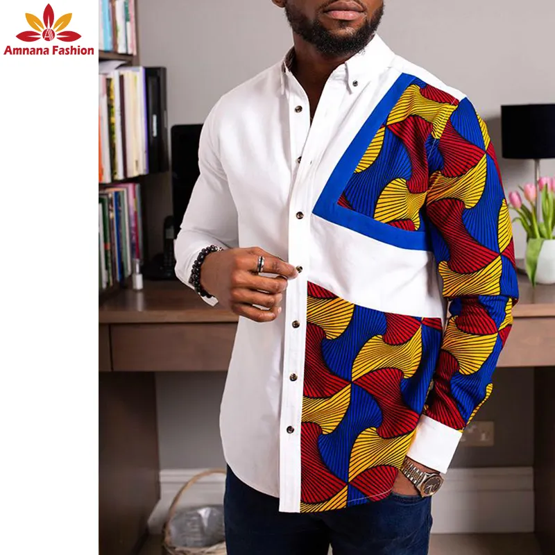 Mode hommes africain conçu imprimer chemise en coton à manches longues pour hommes vêtements traditionnels avec prix de gros