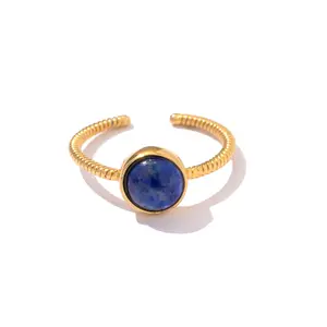 Factory Jewelers Wholesale Stainless Steel 18K Retro Lapis Lazuli Zircon Adjustable Rings For Women Jewelry