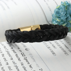 yunnique Black Braided <b>Leather</b> <b>Bracelet</b> Titanium Steel Gold Buckle Fashion Wrap <b>Bracelet</b> For Men Women Jewelry - Product Image 4