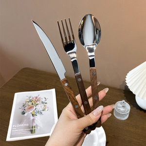 Stainless Steel Walnut Wood Handle <b>Knife</b> Fork Spoon Set 6 Pieces Western Cutlery Hotel Steakware - Product Image 3