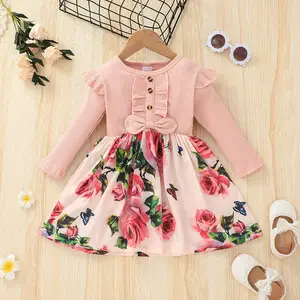 Mädchen Langarm Kleid für Kinder Frühling Herbst New Girl Kleidung Blumen druck Muster Kinder tragen Spitze Bogen Baby Kleider