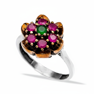 Ottoman Design Flower Shape Emerald with <b>Ruby</b> Stone Wholesale Handcrafted Authentic Silver <b>Ring</b> Trendy Women Jewelry - Product Image 2
