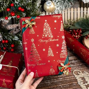 Red Christmas Wrapping Paper Roll 17in x 32.8ft Gold Foil Trees And Letters Gift <b>Wrap</b> For Holiday Celebration - Product Image 4