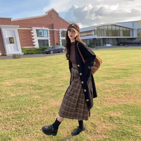 Lady Fashion Open Chest Long Sweater Coat Col en V Manches chauve-souris Casual Cable Knit Automne Saison Patchwork Pattern Front Logo