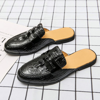 Babouches Homme en Cuir Noir Semelle PU Respirantes Mules Tendance à Enfiler Chaussures Décontractées Homme Demi-Chaussures en Cuir Été Automne Hiver