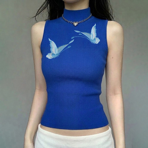 Nouveau débardeur tricoté pour femme, style chinois, broderie papillon, bleu, col montant, sans manches, logo frontal, élégant, haut de base - Product Image 4