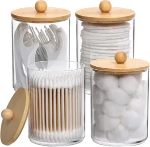 4 Pack Qtip Holder Dispenser with Bamboo Lids - 10 oz Clear Plastic  Apothecary Jar Containers for Vanity Makeup Organizer Storage - Bathroom  Accessories Set for Cotton Swab, Ball, Pads, Floss