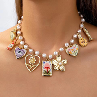 Bunga hati mata Faux manik mutiara sepatu bot Enamel trendi multi-pesona kalung pernyataan dengan liontin kelopak jenis rantai
