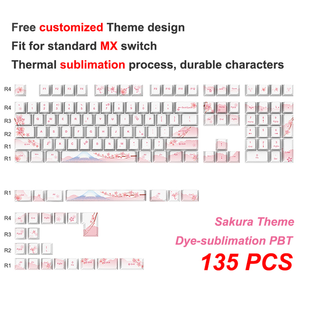 Aflion 135keys Pink Sakura Theme Sublimation Process PBT Keycap Original Highly Personalized Mechanical Keycaps
