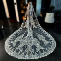 Voile de mariée de luxe Feishiluo avec appliques de perles et dentelle, bordure en dentelle à perles argentées, voile de mariée monocouche long avec peigne