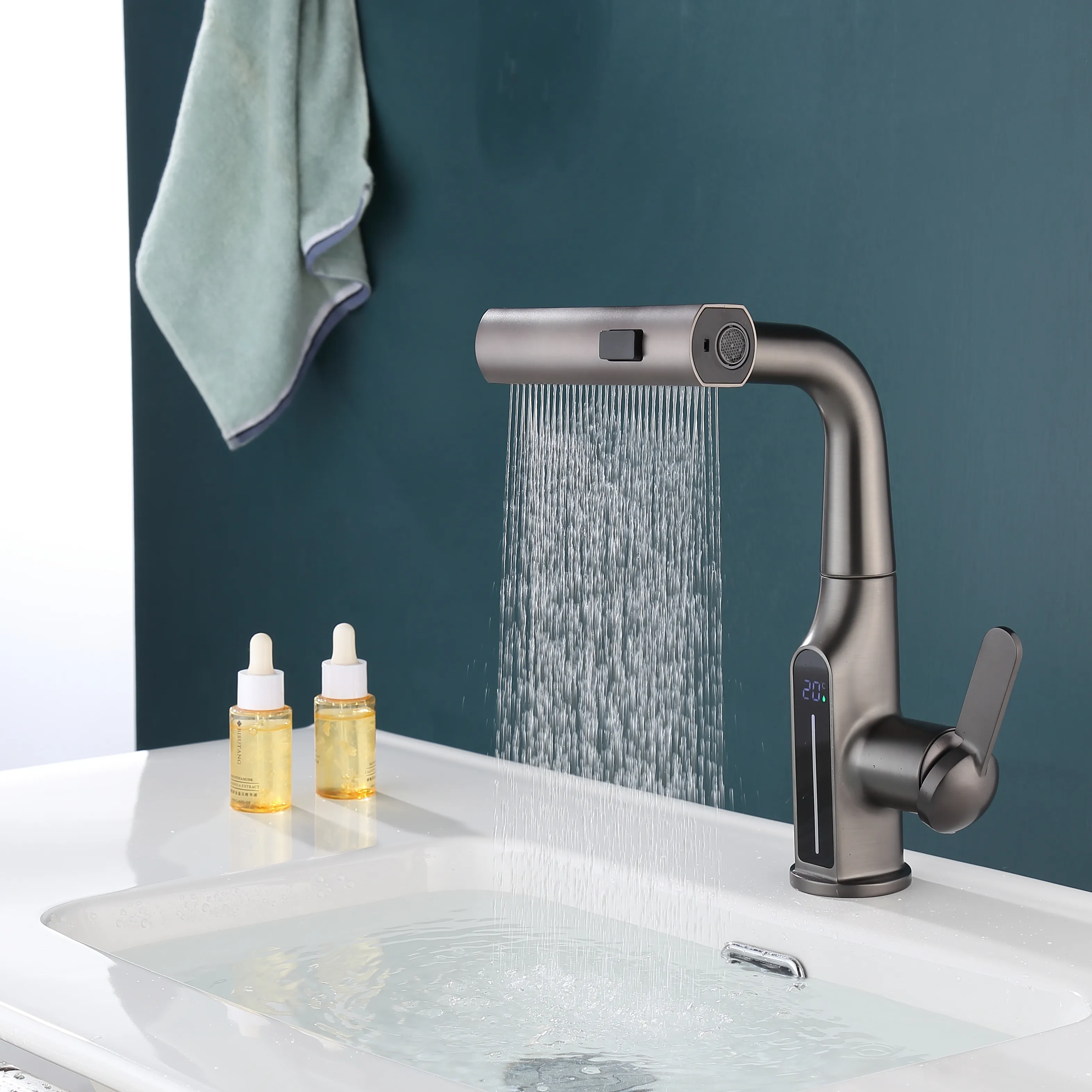 Smart Toilet Washbasin Sink Water Pull Out Spray Waterfall Kitchen Faucet Double Outlet Water Tap With Digital Display