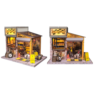 Idée cadeau créative : Maison de poupée en bois sur le thème de l'atelier de réparation automobile, kit miniature lumineux et mobile, jouet éducatif de construction DIY - Product Image 1