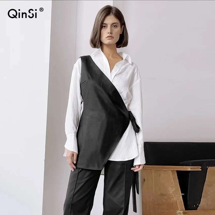 QINSI Women Panelled Asymmetrical Lace Up Leather Top Plain Long Sleeve Blouse Black PU Trendy 2 Pieces Lapel Casual Shirt
