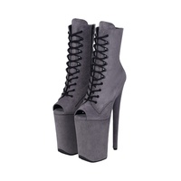 Bottines à lacets en daim à talon fin de 23 cm, plateforme haute, bout ouvert, chaussures de pole dance pour danseuses, spectacles de scène d'automne