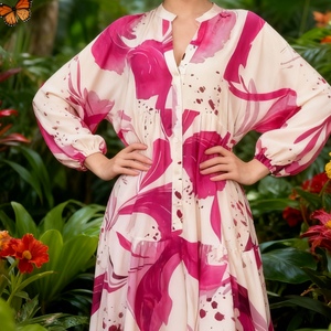 เดรสแฟชั่นผู้หญิงพิมพ์ลายหลวมสบายๆ แขนยาว คอวี ดีไซน์หรูหรา - Product Image 5