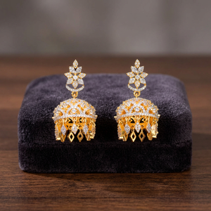 Nouvelles Boucles d'Oreilles Classiques Jhumki en Laiton de Qualité Export, Plaqué Rhodium Bicolore, pour Femmes - Product Image 3