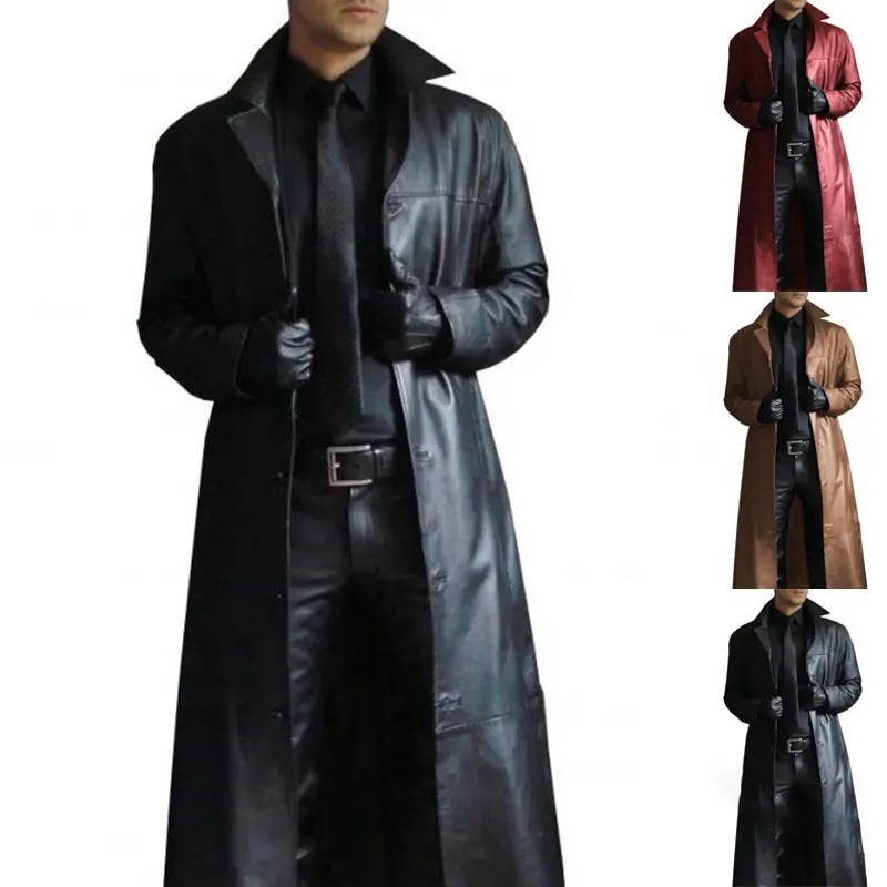 2023 Spring Men PU Leather Coat Men Streetwear Moto Biker Faux Jacket Male Punk Long Black Overcoat Trench S-5XL