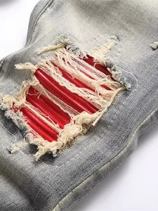 <span class=keywords><strong>Jeans</strong></span> bleu slim pour homme personnalisés, délavés à la pierre, respirants, lavables, avec broderie de patch, style hip-hop, utilitaire, avec <span class=keywords><strong>rivets</strong></span> - Product Image 4