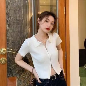 สเวตเตอร์ถักมีซิปสองชั้นแขนสั้นสำหรับผู้หญิงใหม่คอปกสไตล์เกาหลีสเวตเตอร์ถักสเวตเตอร์บาง - Product Image 5