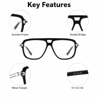 Monture de lunettes unisexe tendance en acétate à double pont, style aviateur, avec branches métalliques, pour verres correcteurs