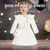 Nouvelles robes d'automne pour enfants, manches longues, nœud, princesse, vêtements décontractés pour filles, col rond, motif uni, style doux, longueur genou droite