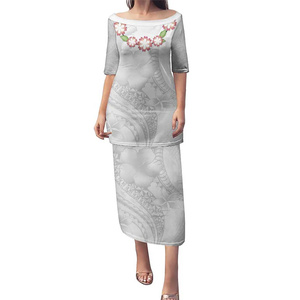 Tonga bianco Sunday Puletasi abito polinesia stampa fiori abiti per donna sera festa gonna - Product Image 1