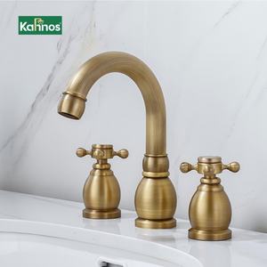 Robinet de lavabo à trois trous de style rétro français, en laiton antique, robinet de salle de bain à double poignée, eau froide et chaude, robinet large - Product Image 1