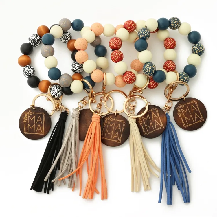 Bracelet keyring key chain wood disc silicone bead mama keychain wristlet with leather tassel for women