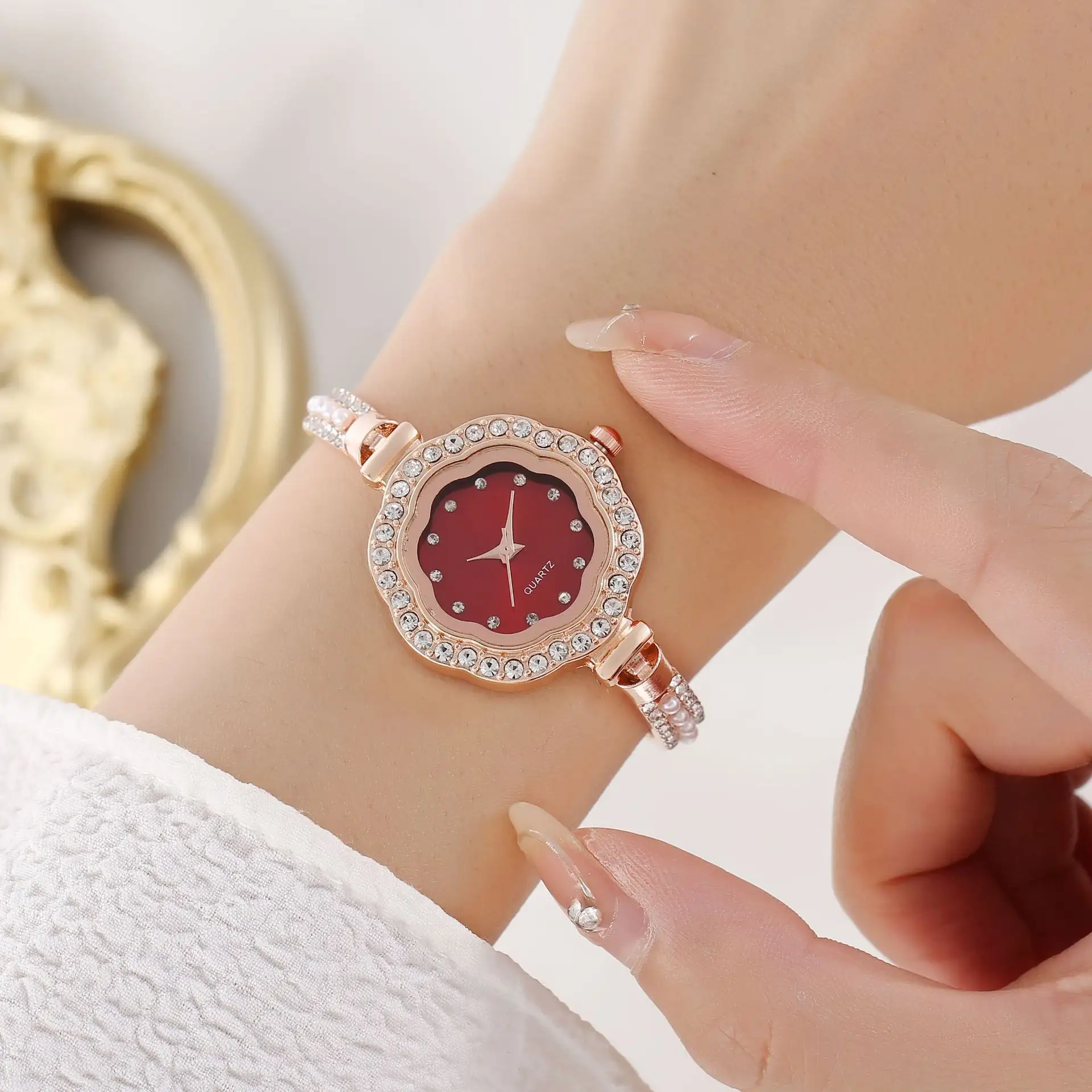 2024 New Foreign Trade Fashion Pearl Ribbon Diamond Flower Colorful dial Women's Watch Pulling Chain Women's Watch