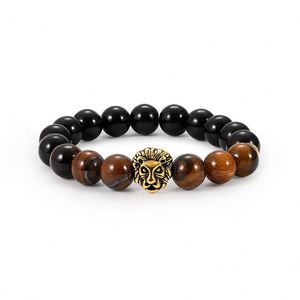 Bracelet en pierre d'œil de tigre naturelle pour hommes, perles d'hématite, bracelets de couple pour femmes, bracelets à breloque tête de lion, bijoux cadeau - Product Image 1