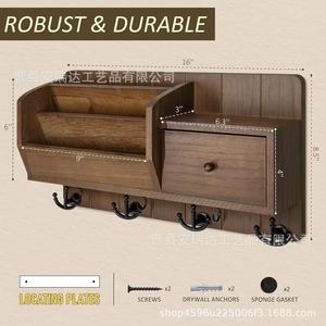 Wooden <b>Wall</b> Mounted <b>Key</b> Rack With <b>Hooks</b> And Drawer For Entryway Storage Organizer - Product Image 5