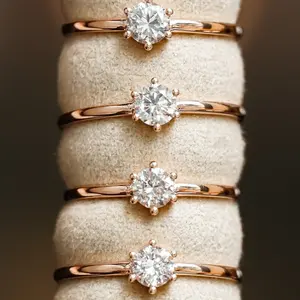 新飞18k纯金珠宝VS FG六叉接龙圆形闪亮钻石结婚订婚戒指