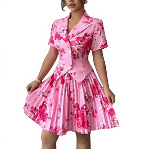 Ensemble blazer et jupe plissée au-dessus du genou pour <span class=keywords><strong>femme</strong></span>, imprimé rose vintage élégant, <span class=keywords><strong>tenue</strong></span> de soirée 2 pièces - Product Image 2