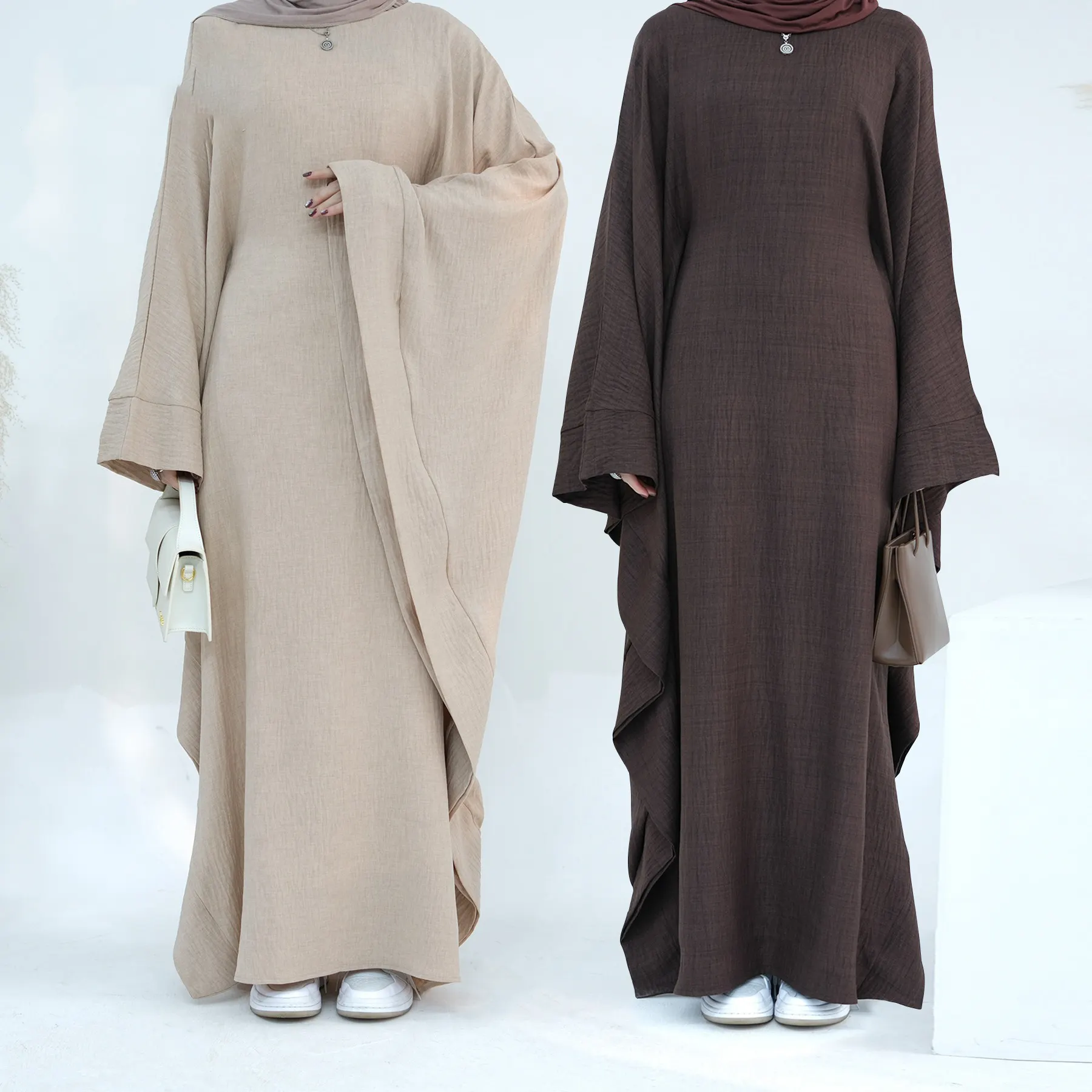 2024 Nieuwe Aankomst Dubai Abaya Vrouwen Moslim Kaftan Lente En Zomer Feest Taille Gebonden Vleermuis Mouwen Jurk