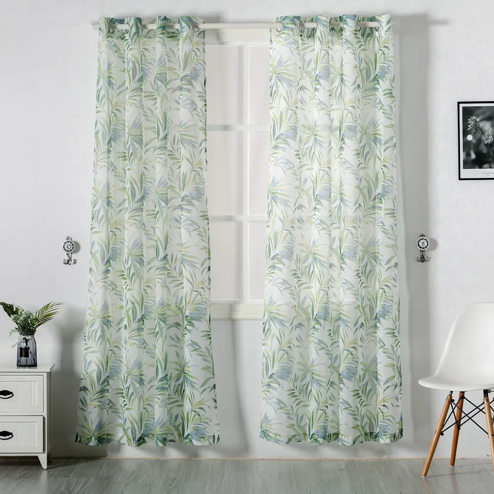 2019 fashion sheer voile curtain for livingroom bedroom of summer green leaf style