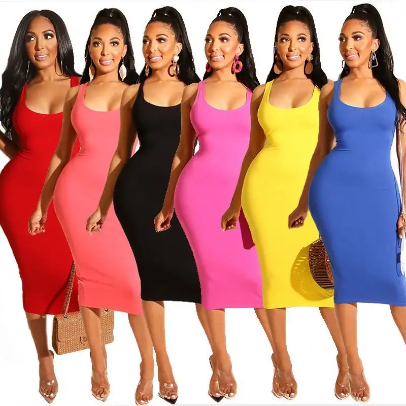 2023 नए आगमन फैशन आकस्मिक स्लीवलेस वेस्ट 6 ठोस रंग बॉडीकॉन ड्रेस महिला गर्मियों में