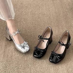 Zapatos Mary Jane de Tacón Grueso Estilo Ballet, Elegantes, con Lazo de Satén Rosa Plateado, que Aumentan la Altura 5CM, para Mujer, Venta al Por Mayor de Fábrica - Product Image 4