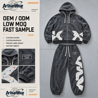 Ensemble sweat à capuche zippé et pantalon de jogging gris délavé pour homme avec appliqué abstrait vieilli, style streetwear OEM ODM