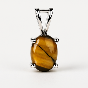 Pendentif en œil de tigre ovale plaqué rhodium en argent sterling Rhaya Jewels, fait à la main, minimaliste, unisexe, bijoux de mariage pour enfants - Product Image 1