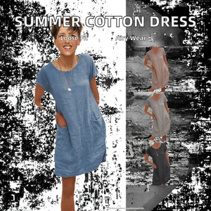 Spring Summer Women Casual <b>Dresses</b> <b>Loose</b> Print Short-sleeve O-neck Breathable Knitting Cotton Linen Front - Product Image 2