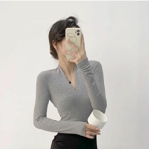 <span class=keywords><strong>Maglietta</strong></span> a maniche lunghe <span class=keywords><strong>nera</strong></span> da donna, slim fit, scollo a V, tinta unita, traspirante, stile casual chic, autunno/inverno - Product Image 6