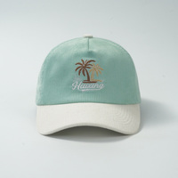 Casquette de baseball personnalisée en velours côtelé à 5 panneaux bicolore avec logo brodé 3D palmier, visière incurvée, style vintage Dad Hat, vente en gros usine