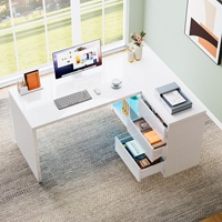 Bureau d'ordinateur blanc en forme de L avec 3 tiroirs, bureau de direction moderne d'angle pour la maison de 55 pouces avec 2 étagères de rangement
