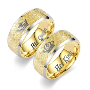 不锈钢国王皇冠情侣戒指批发8毫米金色魅力戒指