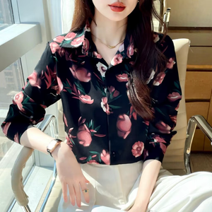 Chemisier <span class=keywords><strong>pour</strong></span> femme à manches longues, style européen, motif pétale, simple boutonnage, <span class=keywords><strong>pour</strong></span> les saisons printemps et automne, vente en gros à bas prix - Product Image 1
