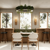 Ensemble complet de meubles de design intérieur personnalisé pour café, style moderne nature, banquette, table, chaise, comptoir de réception
