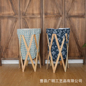Collapsible Laundry <b>Basket</b> Canvas <b>Foldable</b> Standing Type Polygon Shape Clothing Organizer Dark Blue Ocean Blue Wave Pattern - Product Image 1