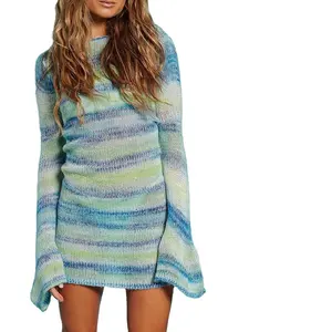 섹시한 등이없는 스웨터 플레어 슬리브 스트라이프 원피스 레인보우 니트 컬러 여성복